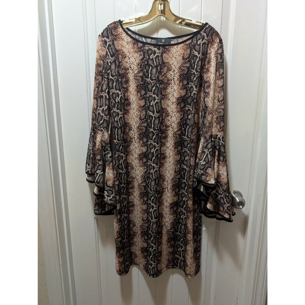 Ronni Nicole Size M Animal Snake Skin Print Dress Flared Bell Sleeves Stretch
